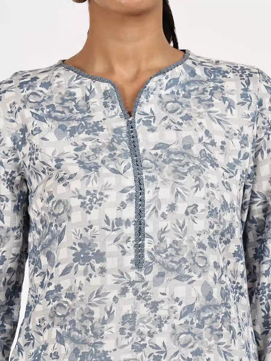 Blue & White Floral Printed Straight Kurta with Pants - The Bebla