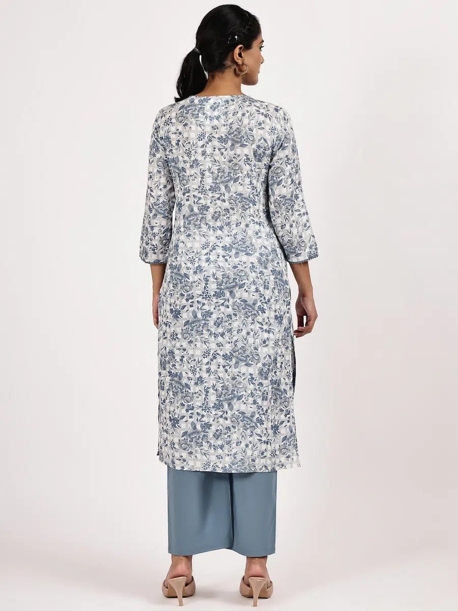 Blue & White Floral Printed Straight Kurta with Pants - The Bebla