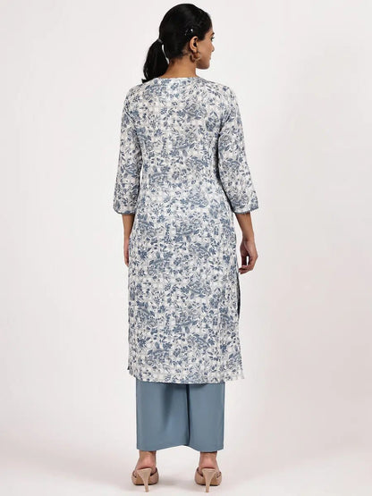Blue & White Floral Printed Straight Kurta with Pants - The Bebla