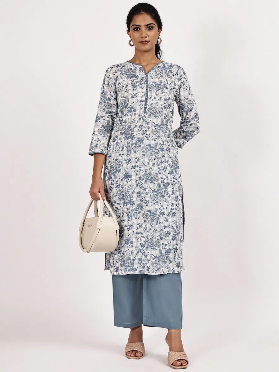 Blue & White Floral Printed Straight Kurta with Pants - The Bebla