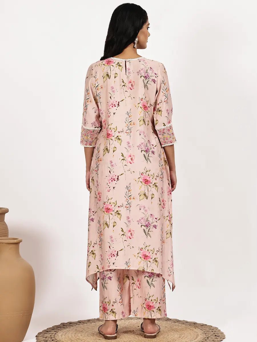 blush Pink Floral Asymmetric Kurta with pant - The Bebla