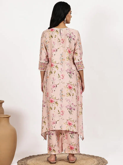 blush Pink Floral Asymmetric Kurta with pant - The Bebla