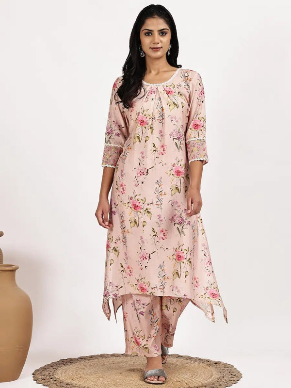 blush Pink Floral Asymmetric Kurta with pant