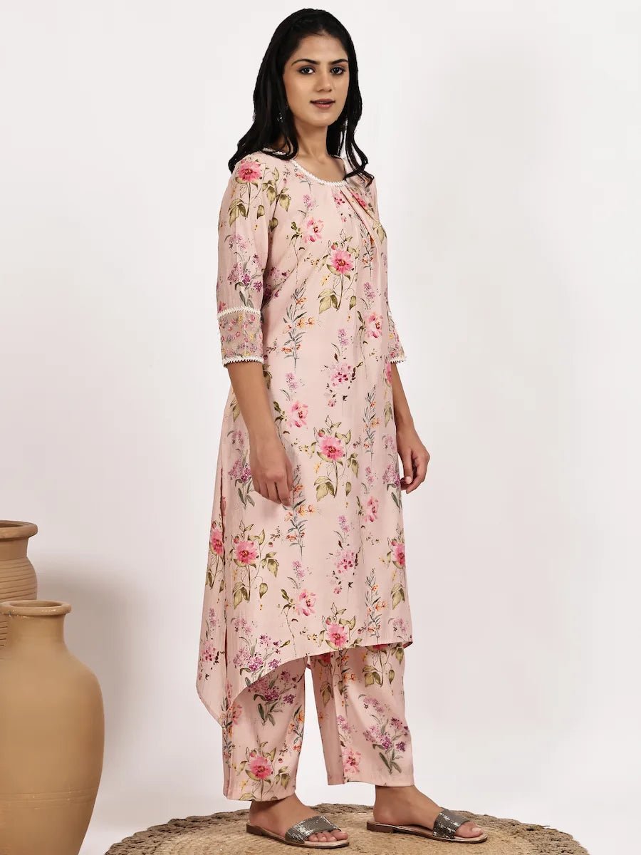 blush Pink Floral Asymmetric Kurta with pant - The Bebla
