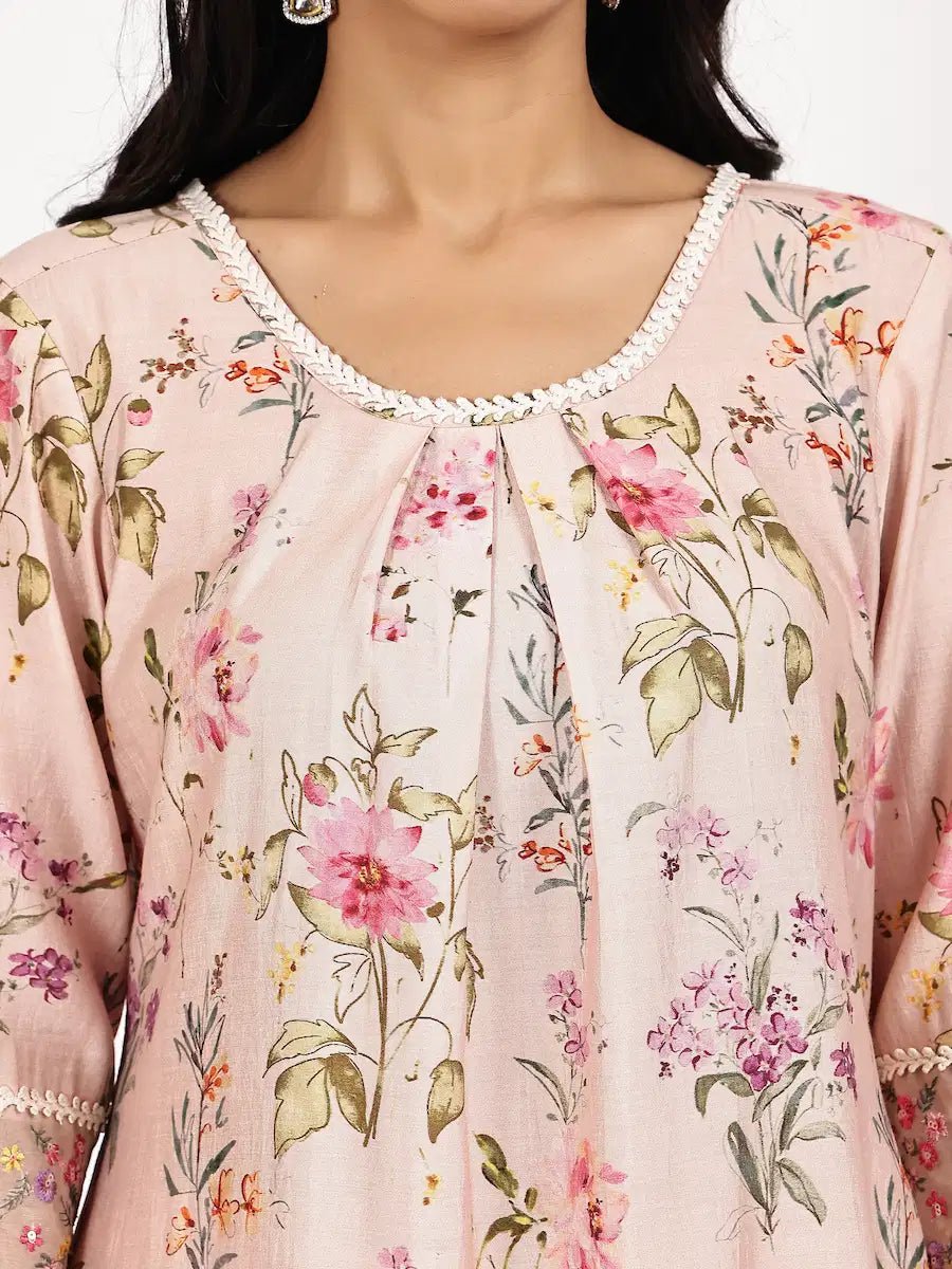 blush Pink Floral Asymmetric Kurta with pant - The Bebla