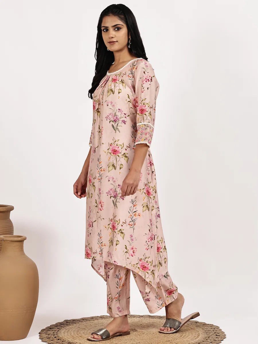 blush Pink Floral Asymmetric Kurta with pant - The Bebla