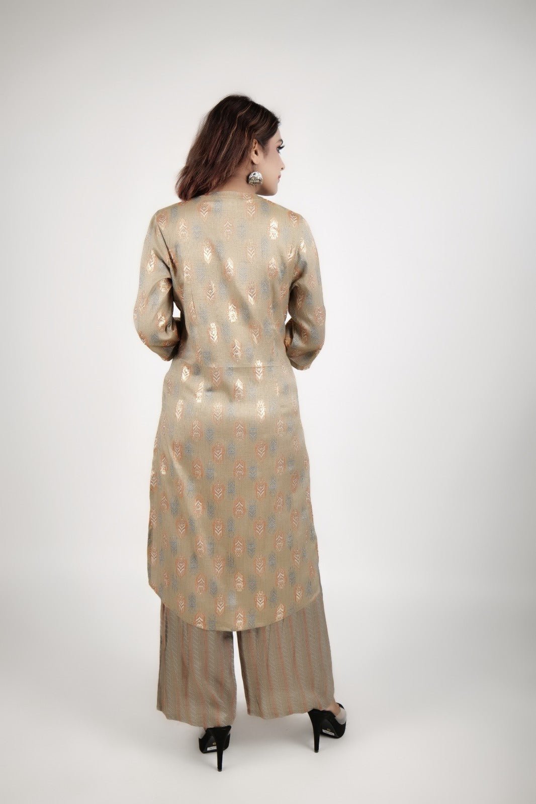 Brown gold printed kurta along with straight pants - The Bebla