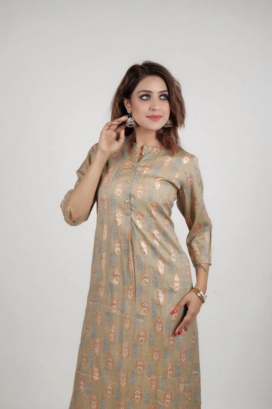 Brown gold printed kurta along with straight pants - The Bebla