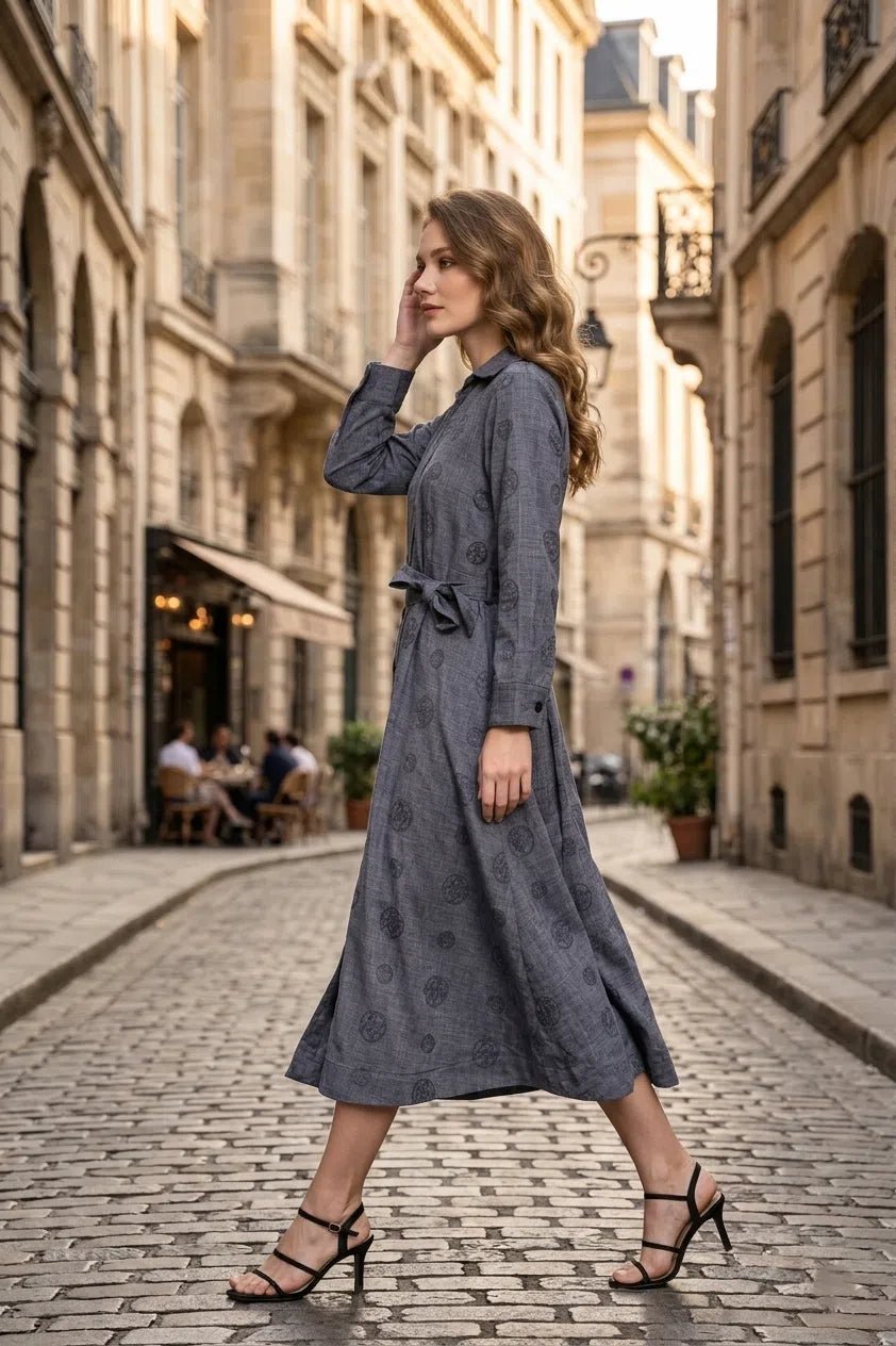 charcol grey Embroidered Shirt Dress with Waist Tie - Up - The Bebla