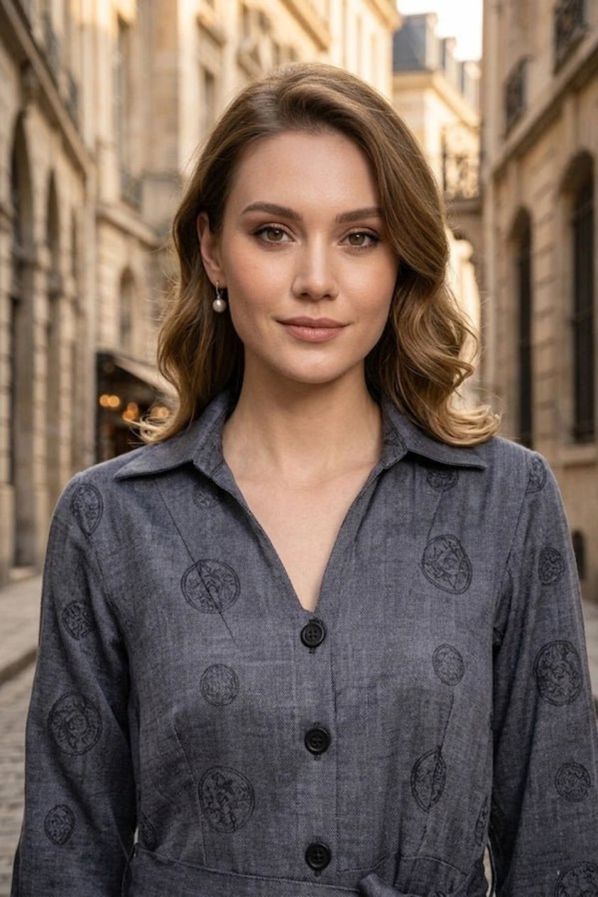 charcol grey Embroidered Shirt Dress with Waist Tie - Up - The Bebla