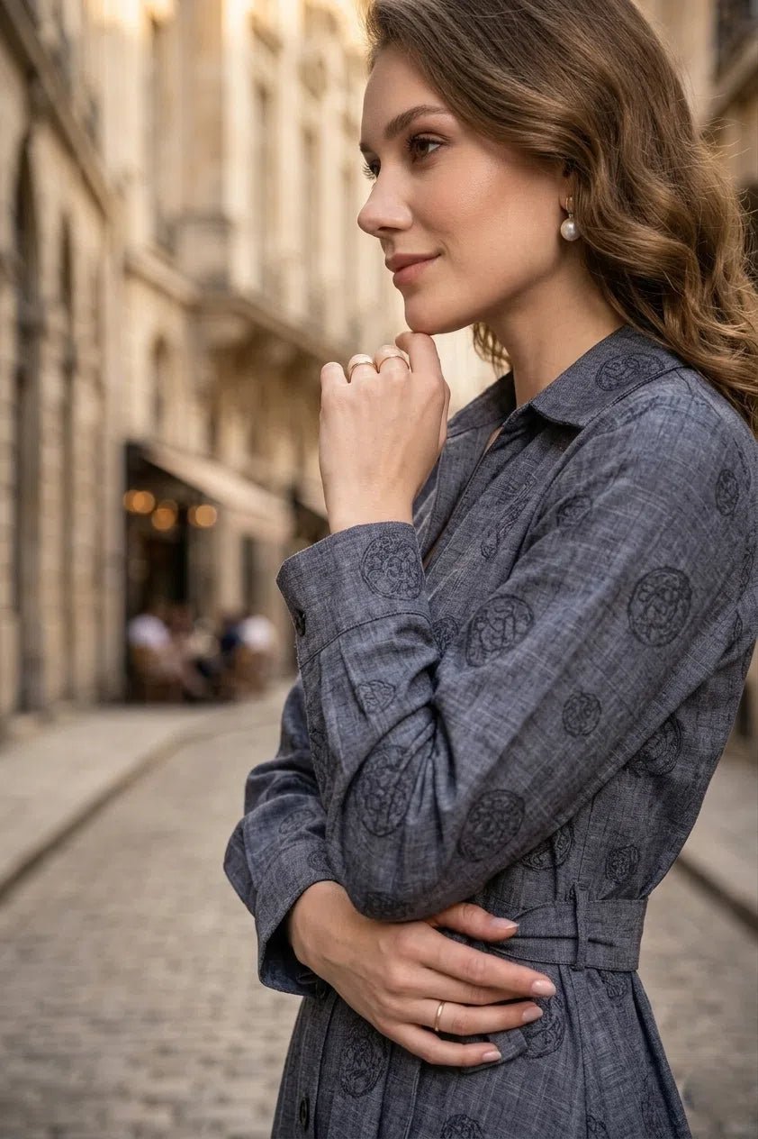 charcol grey Embroidered Shirt Dress with Waist Tie - Up - The Bebla