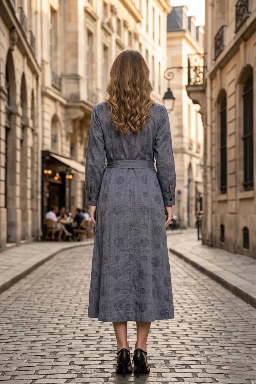 charcol grey Embroidered Shirt Dress with Waist Tie - Up - The Bebla