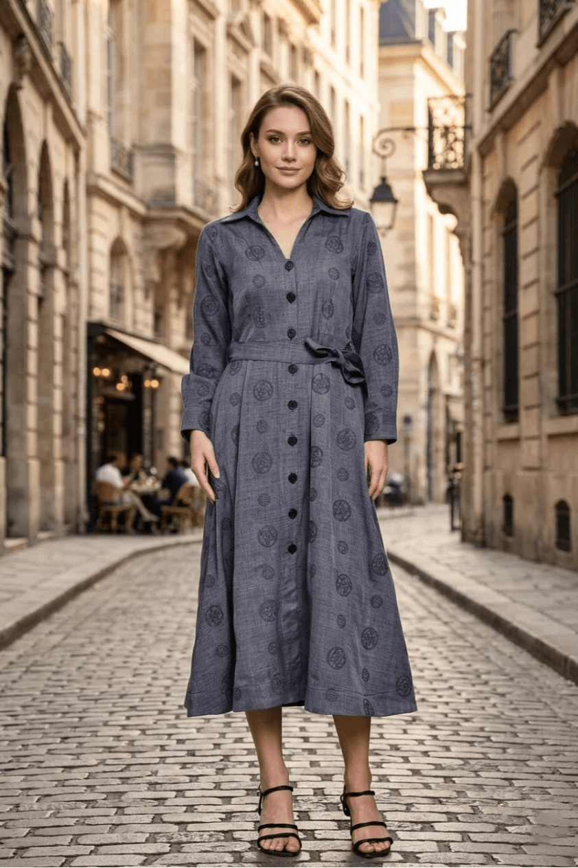 charcol grey Embroidered Shirt Dress with Waist Tie - Up - The Bebla