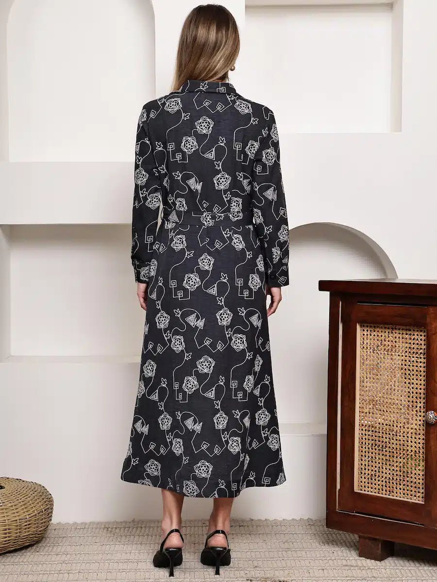 Chic Charcoal Grey Printed Belted Shirt Midi Dress for Women - The Bebla