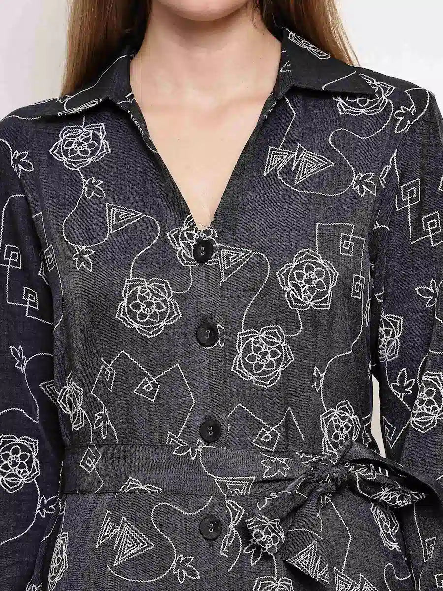 Chic Charcoal Grey Printed Belted Shirt Midi Dress for Women - The Bebla