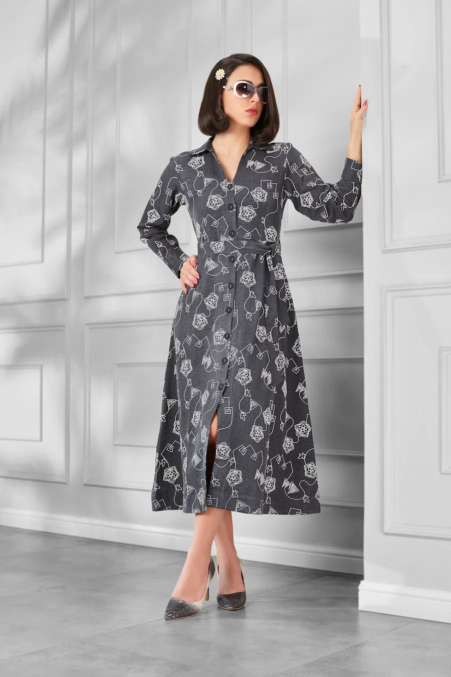 Chic Charcoal Grey Printed Belted Shirt Midi Dress for Women - The Bebla