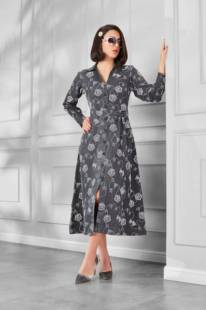 Chic Charcoal Grey Printed Belted Shirt Midi Dress for Women - The Bebla