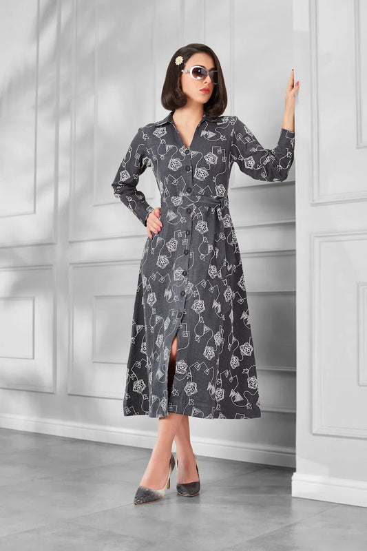 Chic Charcoal Grey Printed Belted Shirt Midi Dress for Women - The Bebla
