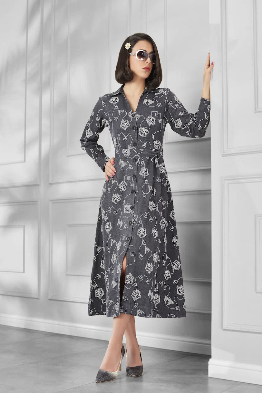 Chic Charcoal Grey Printed Belted Shirt Midi Dress for Women - The Bebla