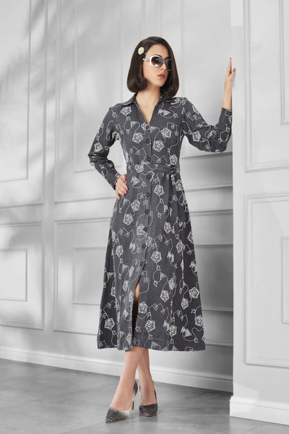 Chic Charcoal Grey Printed Belted Shirt Midi Dress for Women - The Bebla