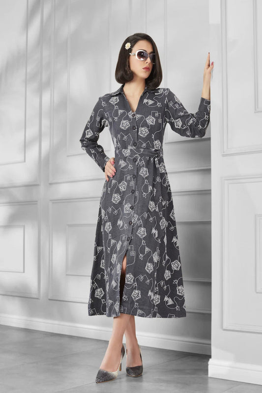 Chic Charcoal Grey Printed Belted Shirt Midi Dress for Women - The Bebla