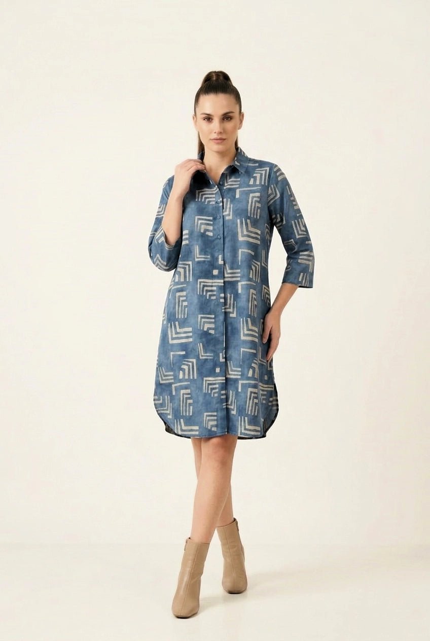 Classic Blue Geometric Printed Shirt Dress - The Bebla