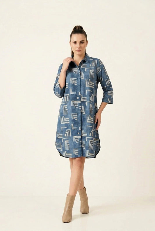 Classic Blue Geometric Printed Shirt Dress - The Bebla