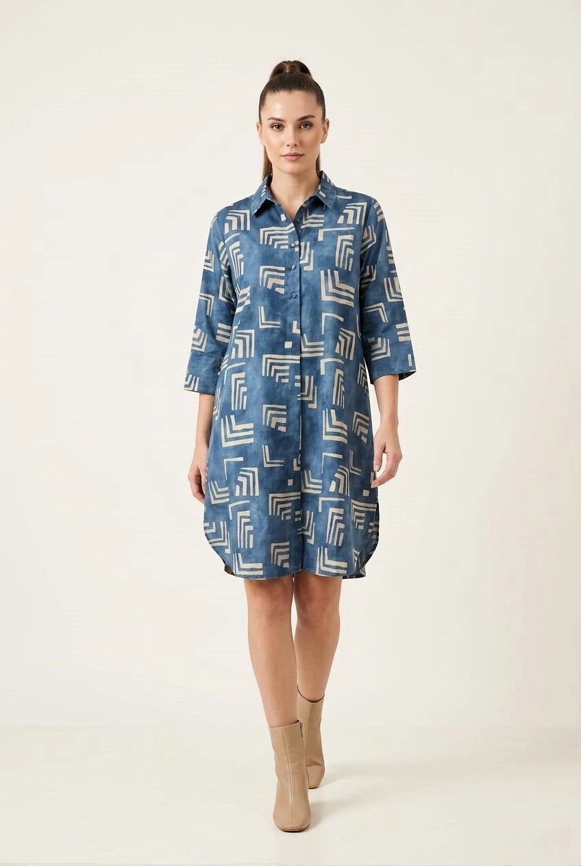 Classic Blue Geometric Printed Shirt Dress - The Bebla