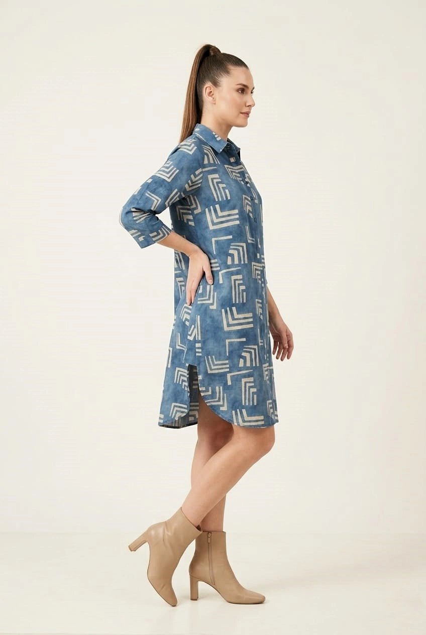 Classic Blue Geometric Printed Shirt Dress - The Bebla