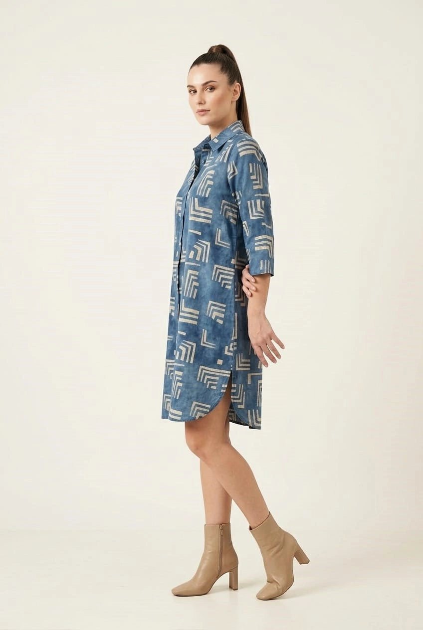 Classic Blue Geometric Printed Shirt Dress - The Bebla