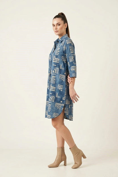Classic Blue Geometric Printed Shirt Dress - The Bebla