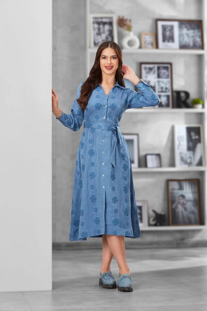 Classic Blue Printed Button - Down Belted Shirt Midi Dress for Women - The Bebla