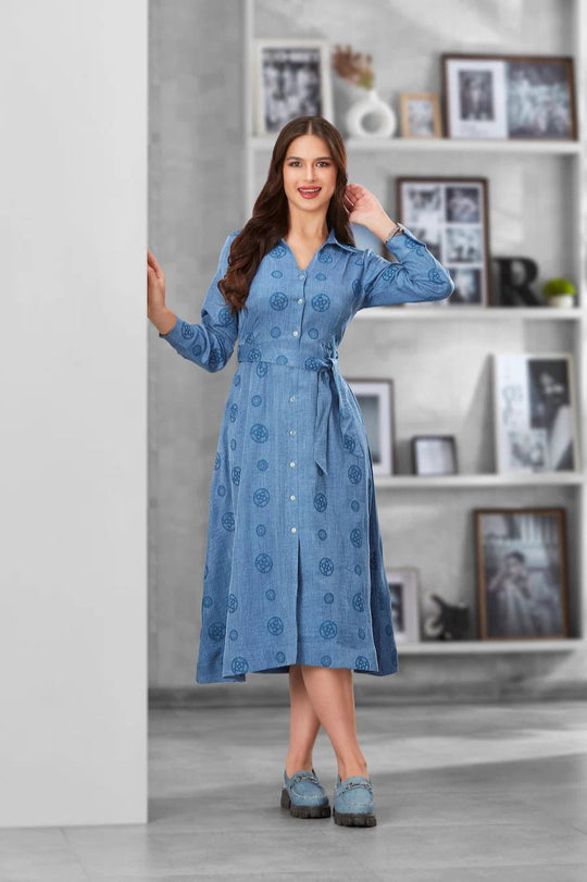 Classic Blue Printed Button-Down Belted Shirt Midi Dress for Women