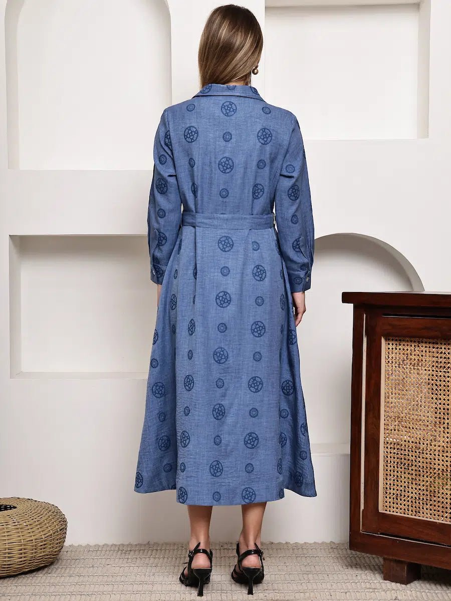 Classic Blue Printed Button - Down Belted Shirt Midi Dress for Women - The Bebla