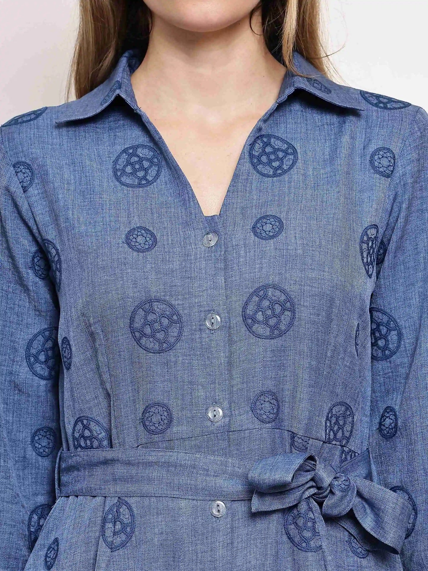 Classic Blue Printed Button - Down Belted Shirt Midi Dress for Women - The Bebla