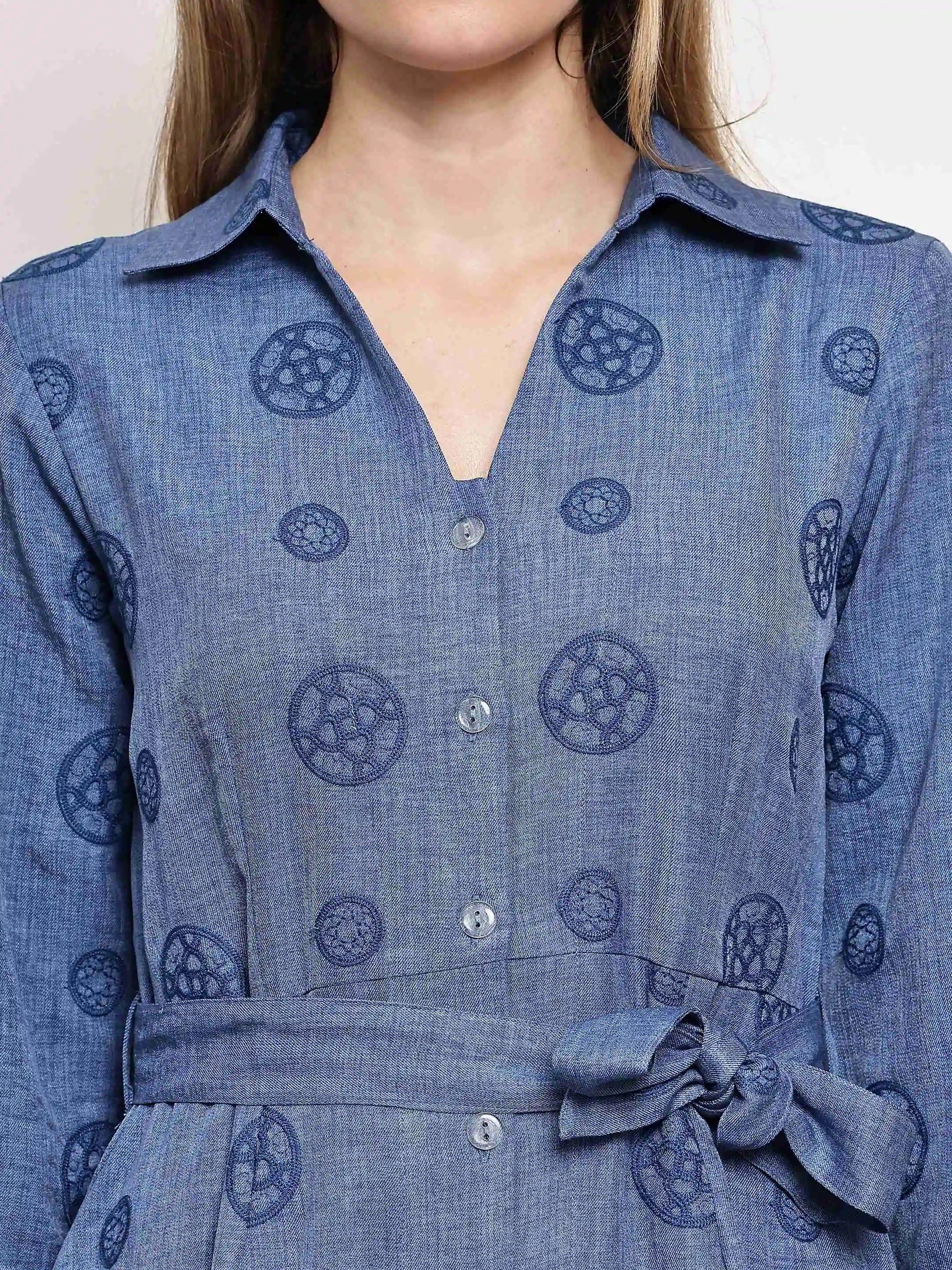 Classic Blue Printed Button - Down Belted Shirt Midi Dress for Women - The Bebla