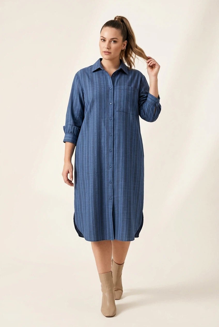 Classic Blue Vertical Tonal Stripe Button - Down Shirt Dress - The Bebla