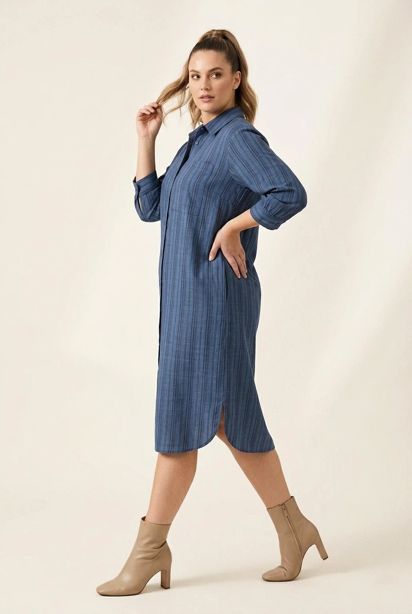 Classic Blue Vertical Tonal Stripe Button - Down Shirt Dress - The Bebla