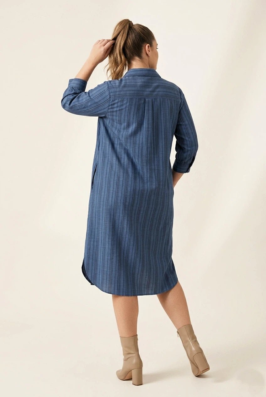 Classic Blue Vertical Tonal Stripe Button - Down Shirt Dress - The Bebla