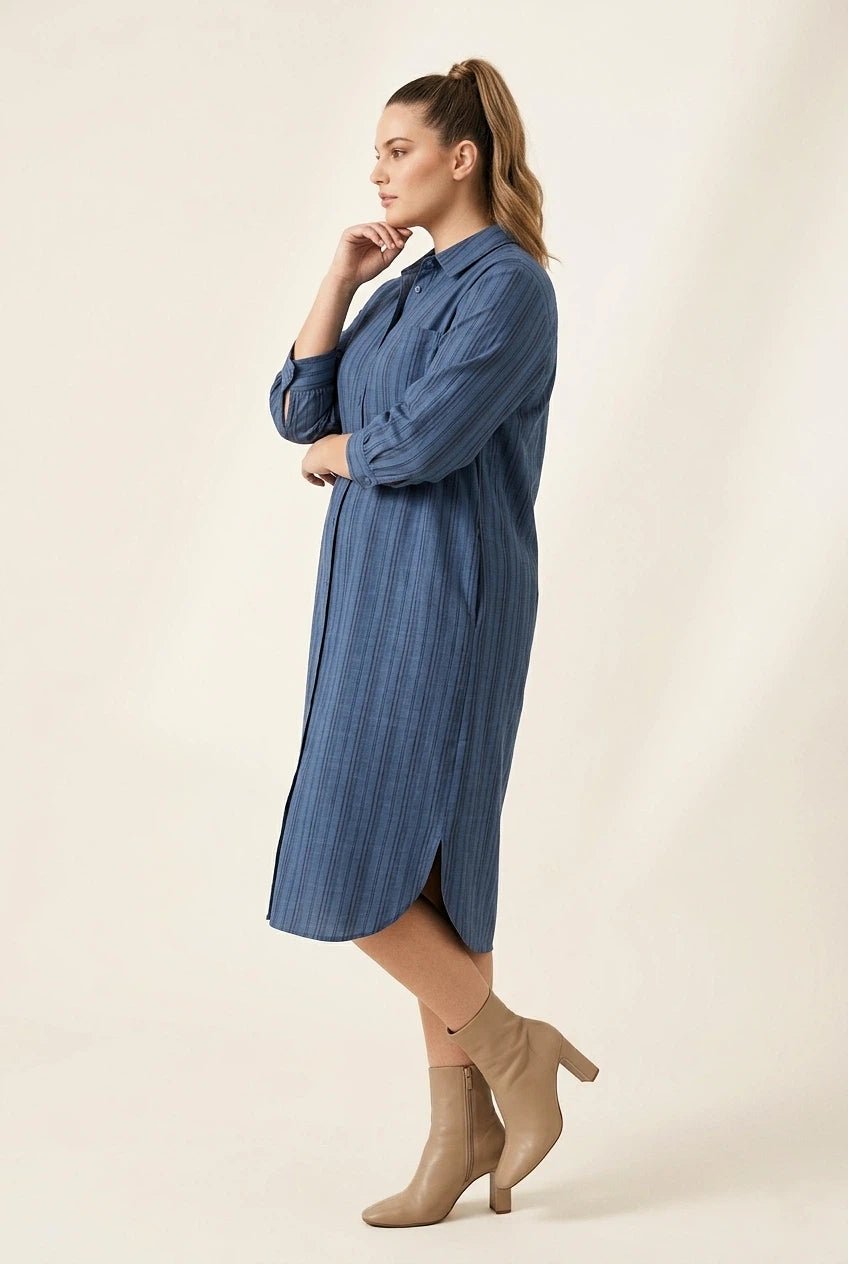 Classic Blue Vertical Tonal Stripe Button - Down Shirt Dress - The Bebla