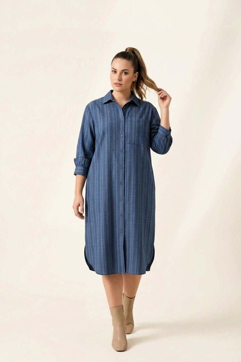 Classic Blue Vertical Tonal Stripe Button - Down Shirt Dress - The Bebla