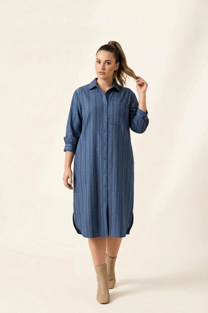 Classic Blue Vertical Tonal Stripe Button - Down Shirt Dress - The Bebla
