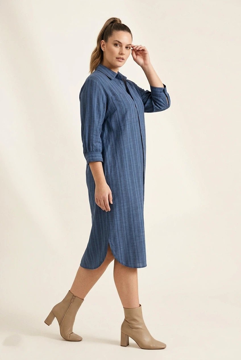Classic Blue Vertical Tonal Stripe Button - Down Shirt Dress - The Bebla