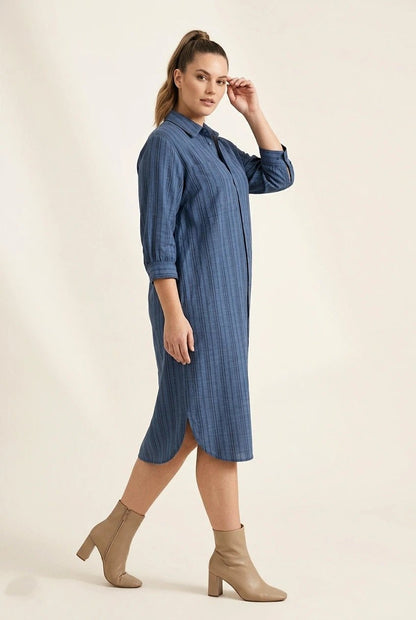 Classic Blue Vertical Tonal Stripe Button - Down Shirt Dress - The Bebla