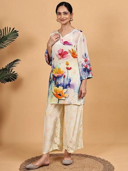 Cream Floral Print Co - ord Set - The Bebla