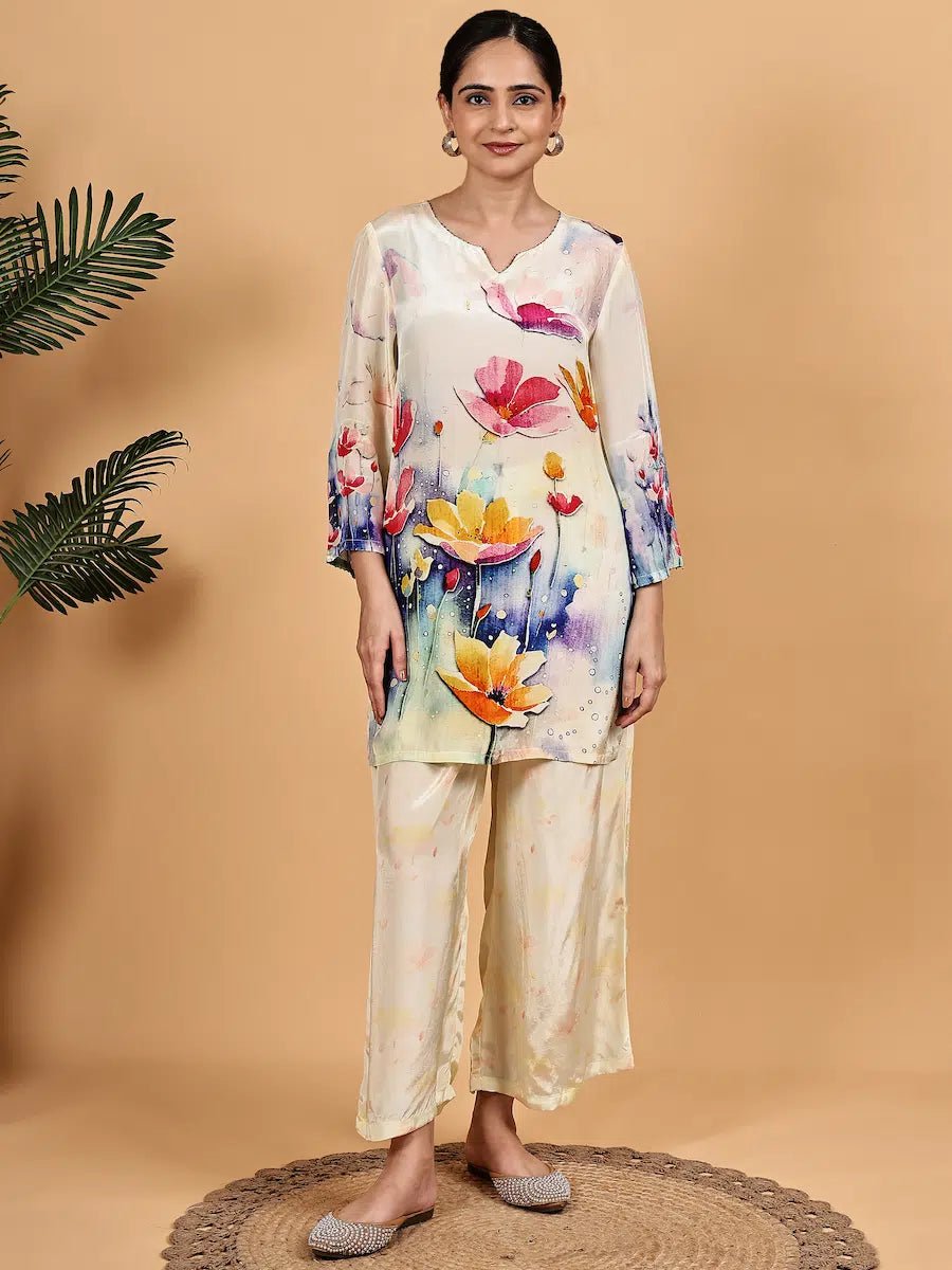 Cream Floral Print Co - ord Set - The Bebla