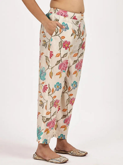 Cream Floral Printed Kurta Set - The Bebla