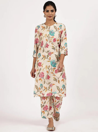 Cream Floral Printed Kurta Set - The Bebla