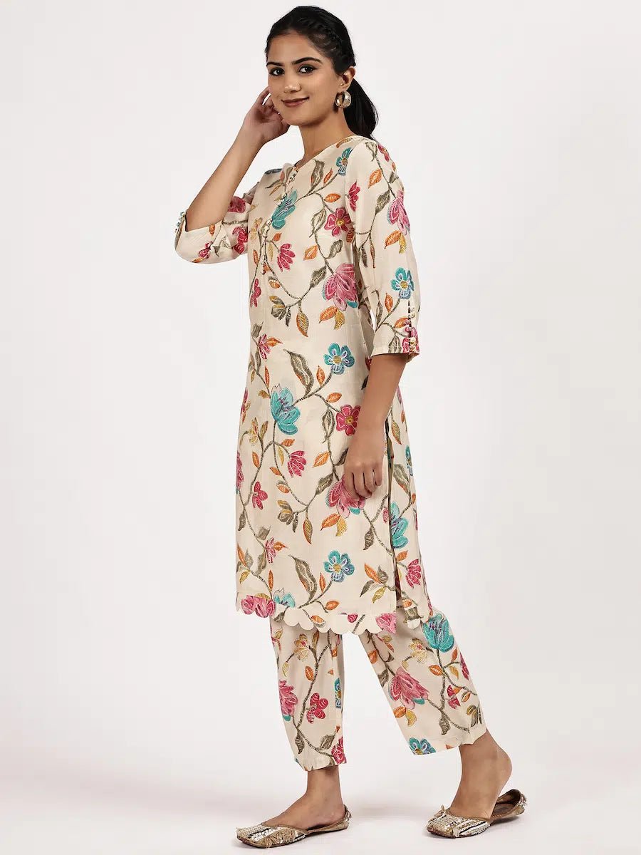 Cream Floral Printed Kurta Set - The Bebla