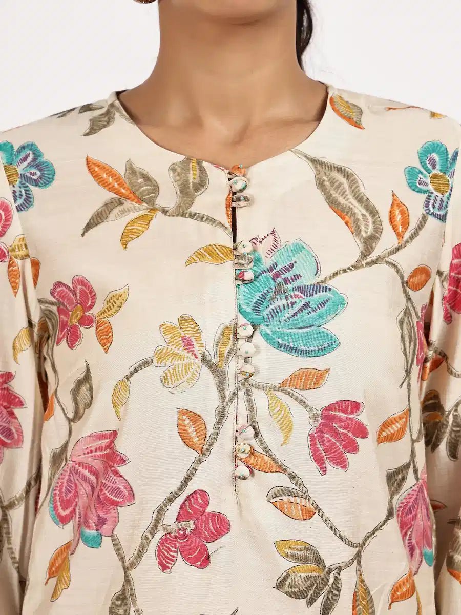Cream Floral Printed Kurta Set - The Bebla